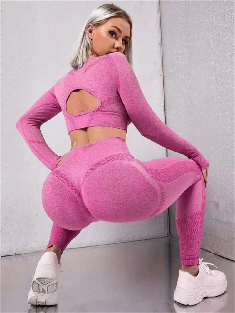 2pcs Sports Suits Long Sleeve Hollow Design Tops And Butt Lifting High Waist Seamless Fitness Leggings Sports Gym Sportswear Outfits Clothing